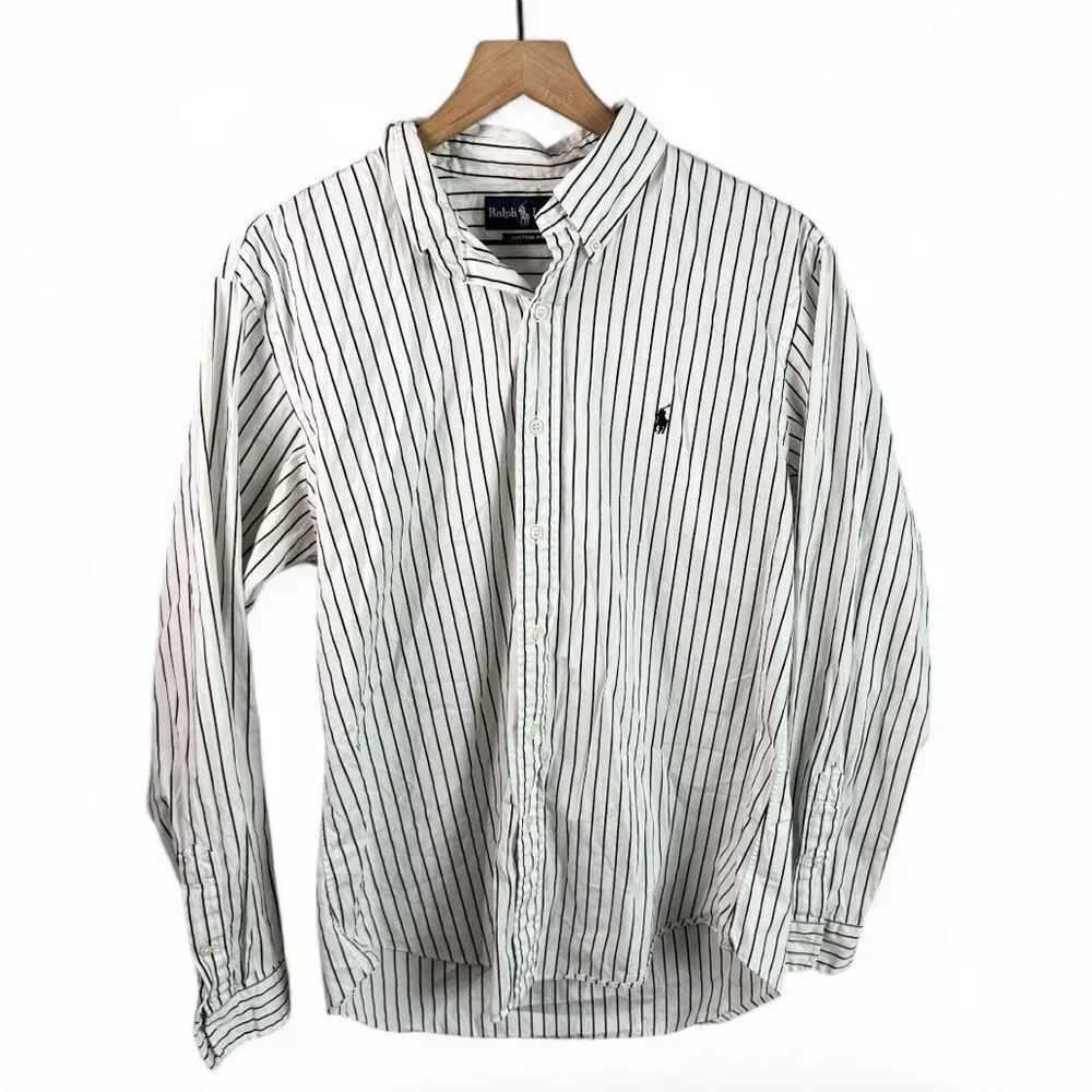 Lauren Ralph Lauren White & Black Striped Button Down Shirt, Size Large